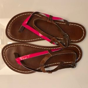 Neon pink and leather sandals